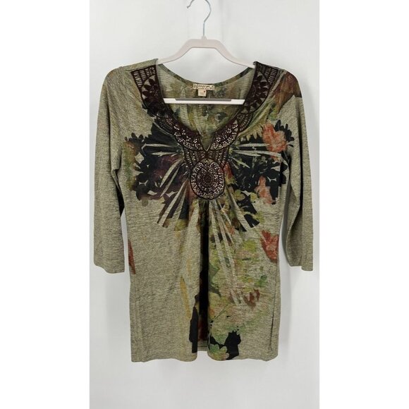 Energe World Wear Ladies Tunic Size Green Floral Long Sleeve Beading V Neck - Picture 1 of 9